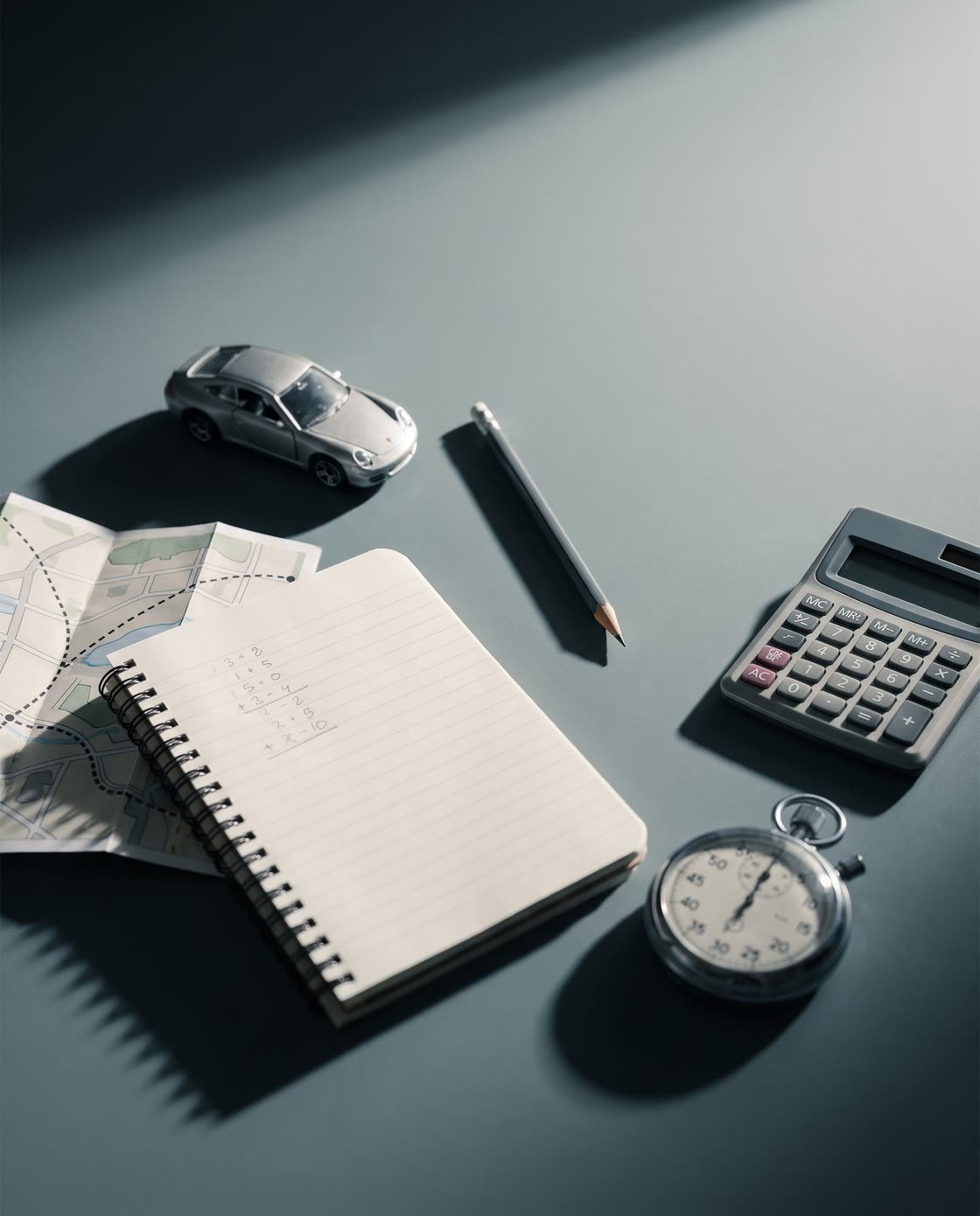 A study desk with an open notebook, a calculator, a stopwatch, a pencil and a toy car on a road map.